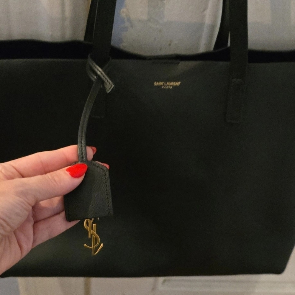 Authentic Saint Laurent Black Leather East/West Totebag with Gold Accents